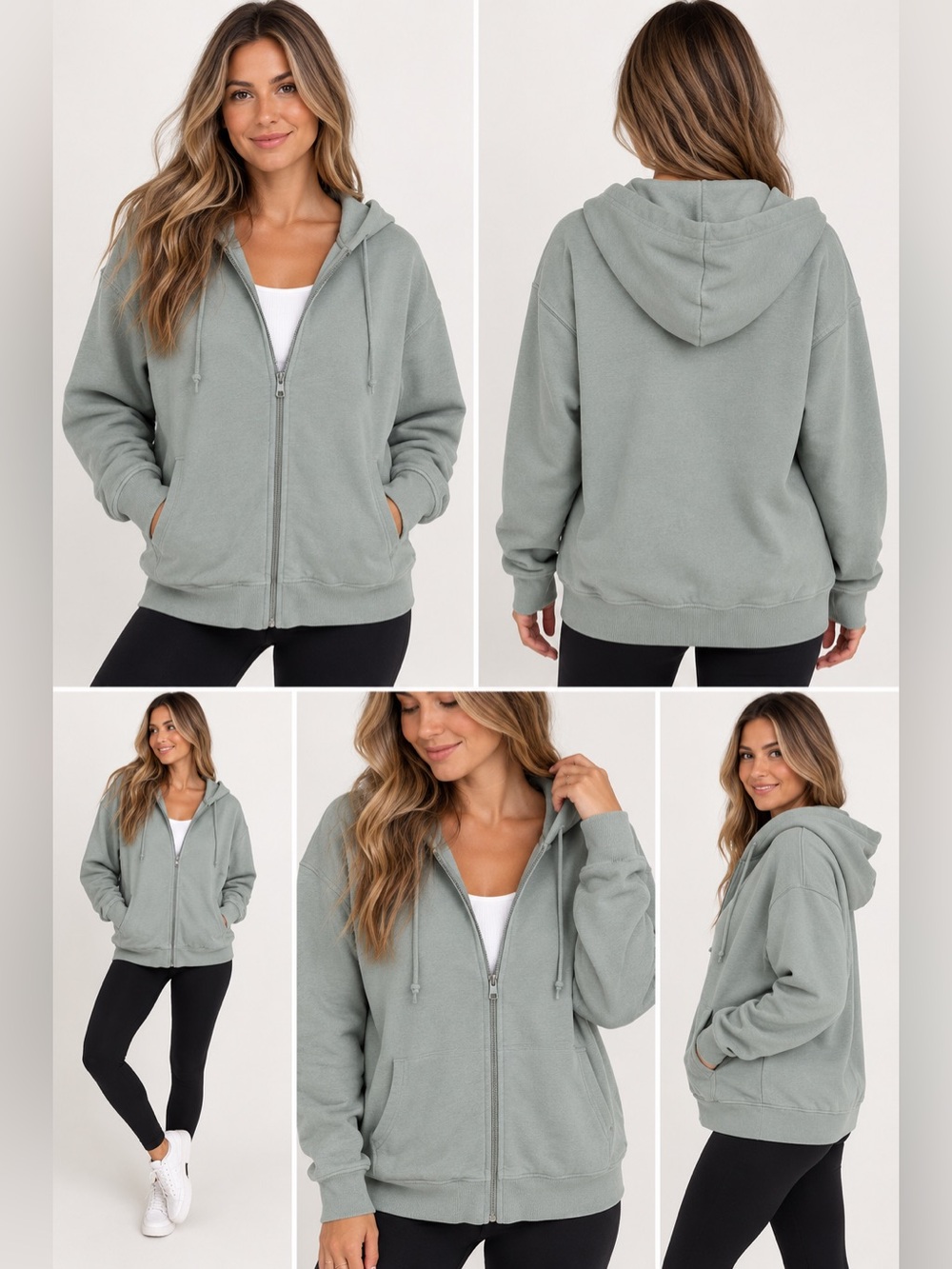 Good American Women's Zip-Up Cotton Hoodie in Light Sage Green Size 3 Large